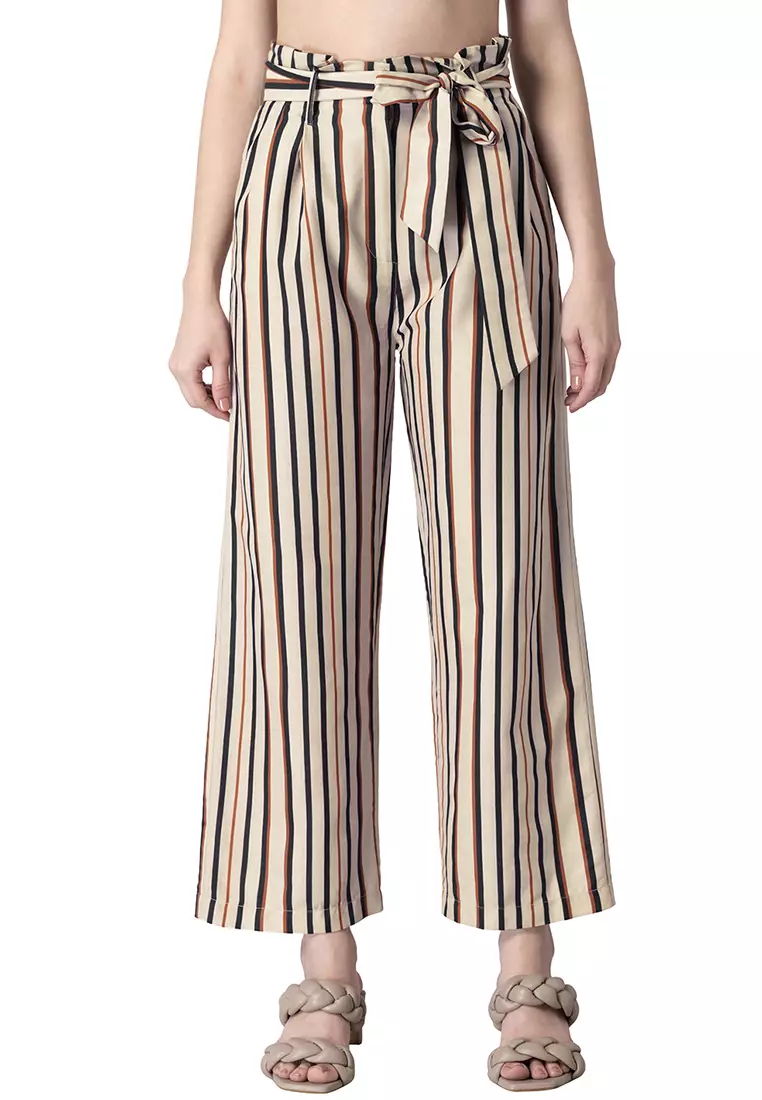 Buy FabAlley Beige Striped Paperbag High Waist Belted Trousers