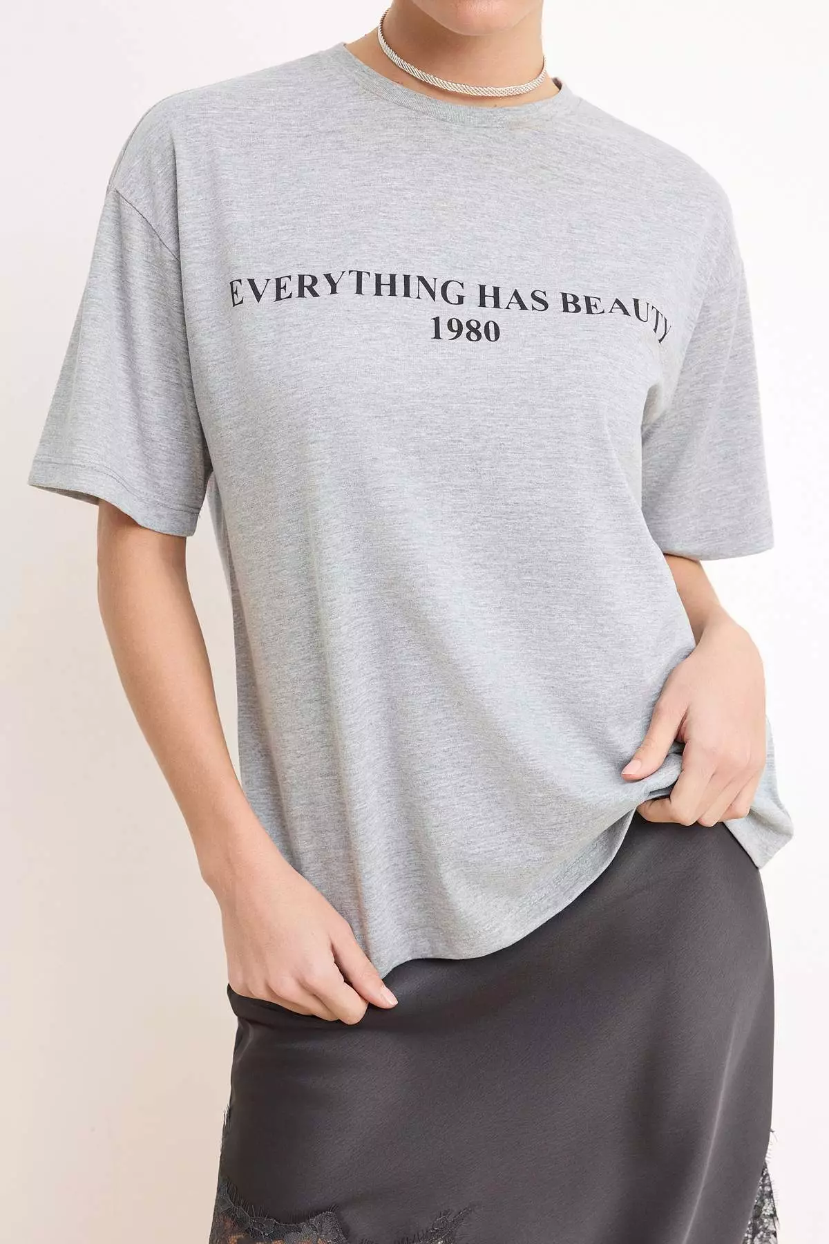 Grey Melange 1% Cotton Slogan Printed Relaxed/Wide Comfortable Cut Knitted T-Shirt Twoss19Gh34