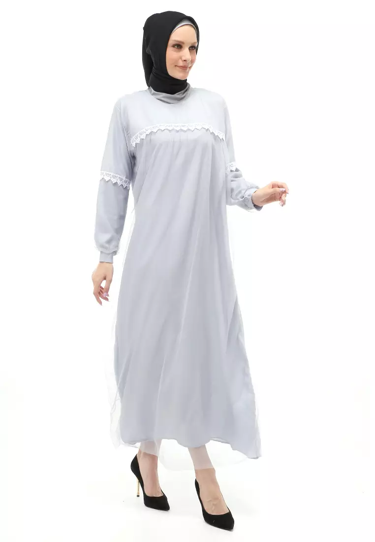 Adelia Gamis Muslimah Wanita Long Dress Motif Polos Premium Quality - Abu