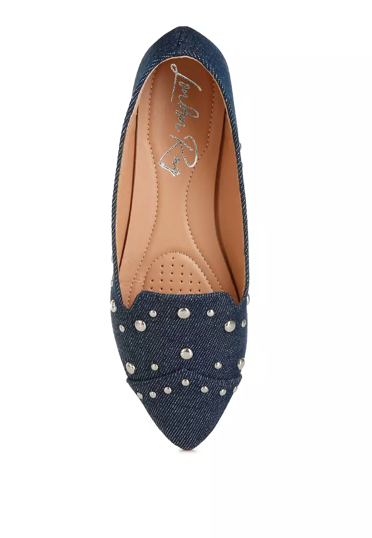 Stud Embellished Ballet Flats in Denim