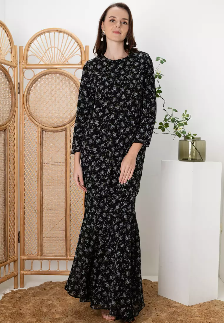 ARIEL Fabulous Black Floral Baju Kurung Moden Princess Kain Kembang Payung