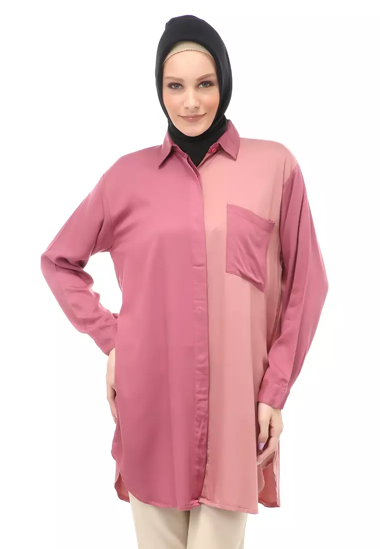 Azika Tunik Muslimah Atasan Wanita Dual Tone Color Relaxed Fit - Pink 005