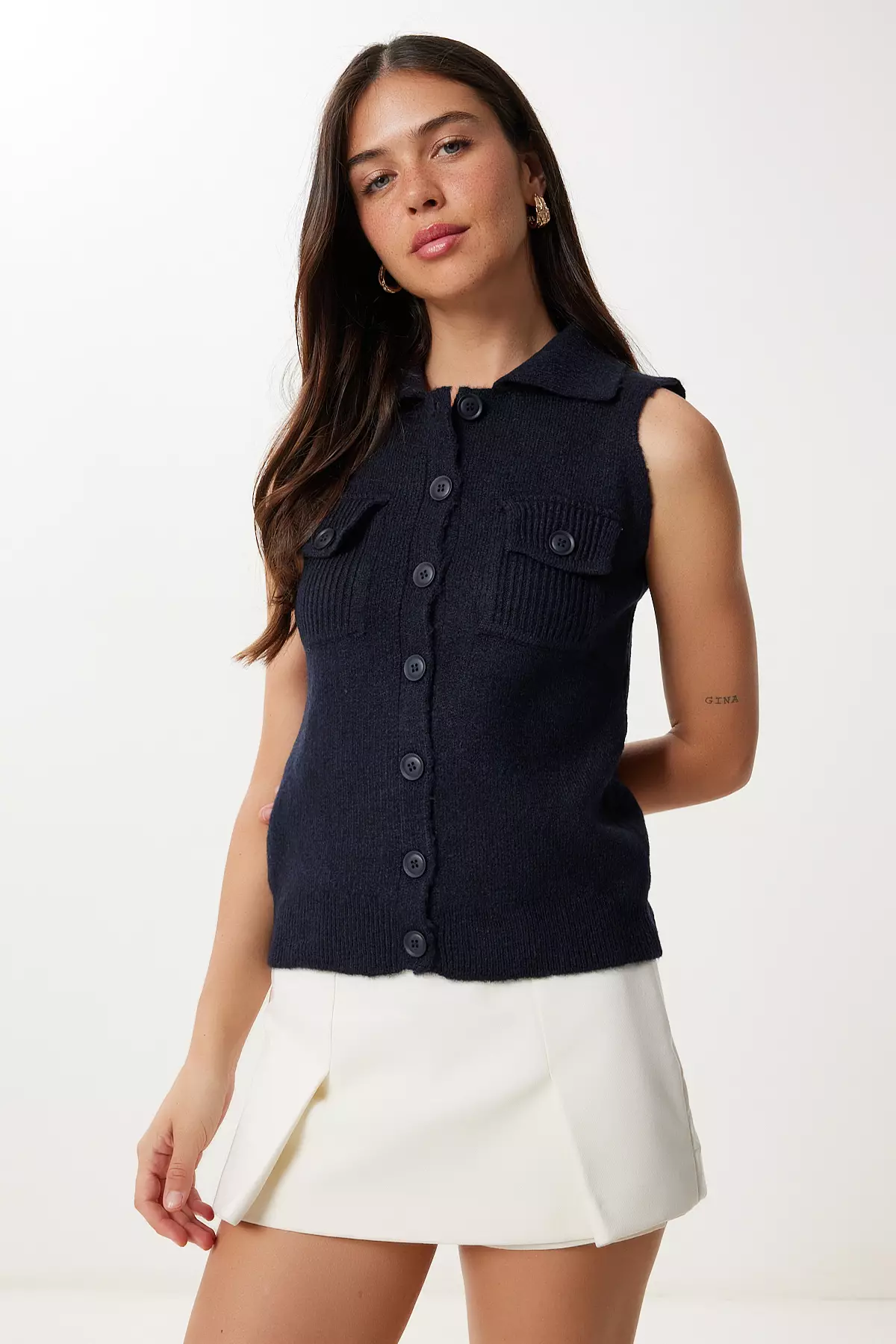 Women's Navy Blue Polo Neck Knitwear Vest Yy00244