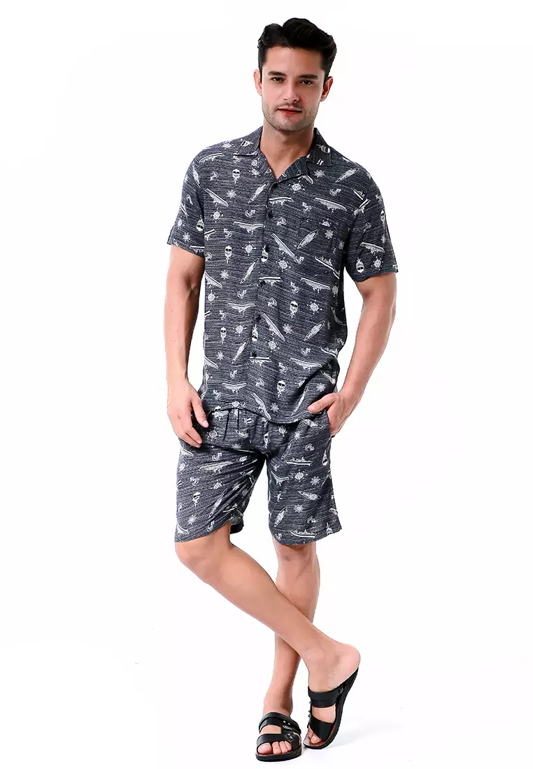 Deon Piyama Pria Ship Motive Kemeja One Set Lengan Pendek Material Rayon ORIGINAL - Gray