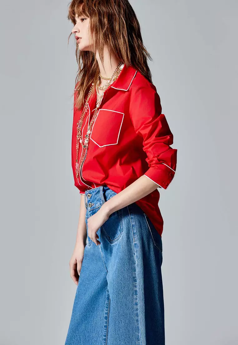 Red Blouse With Contrast White Trim Detail
