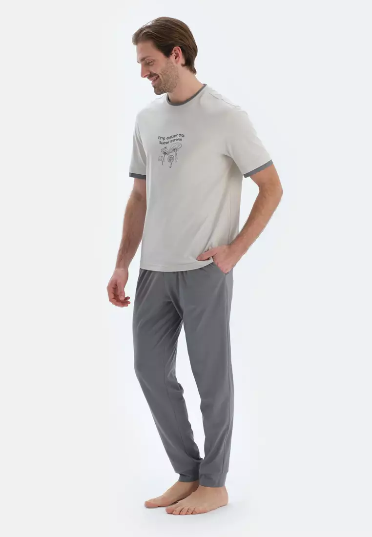 Light Grey T-Shirt & Trousers, Slogan, Crew Neck, Regular, Long Leg, Short Sleeve Sleepwear for Men