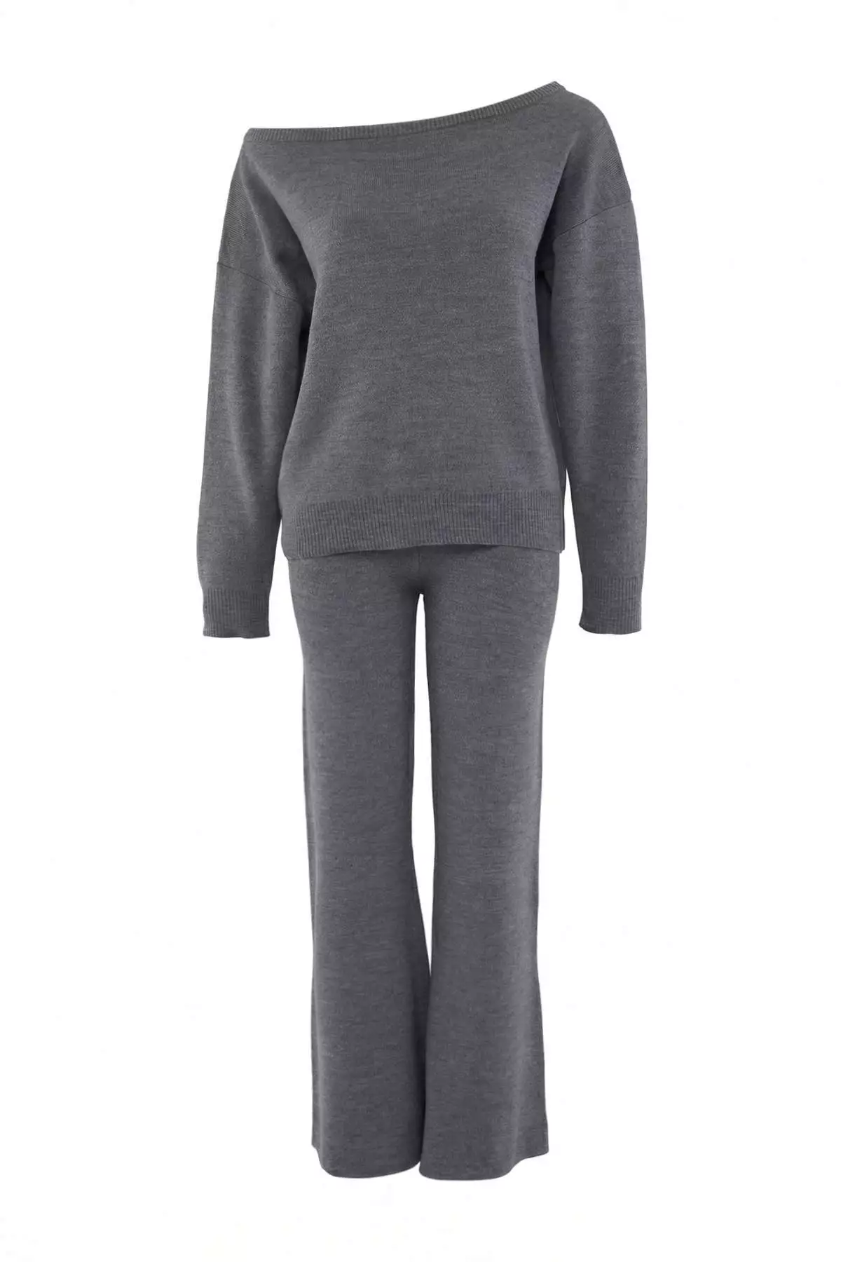 Anthracite Boat Neck Sweater-Pants Knitwear Set - Top And Bottom Twoaw26Au00043