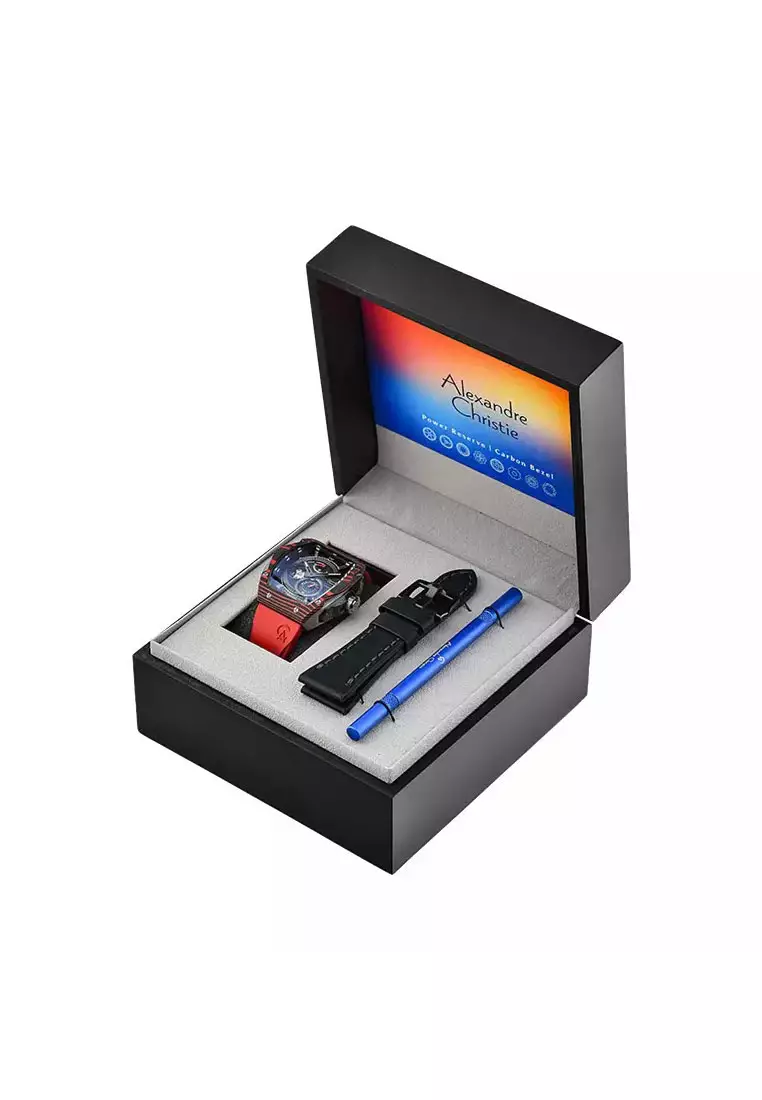 Alexandre Christie Jam Tangan Pria - Red Black - Leather Strap - 6608 MAREPBARE