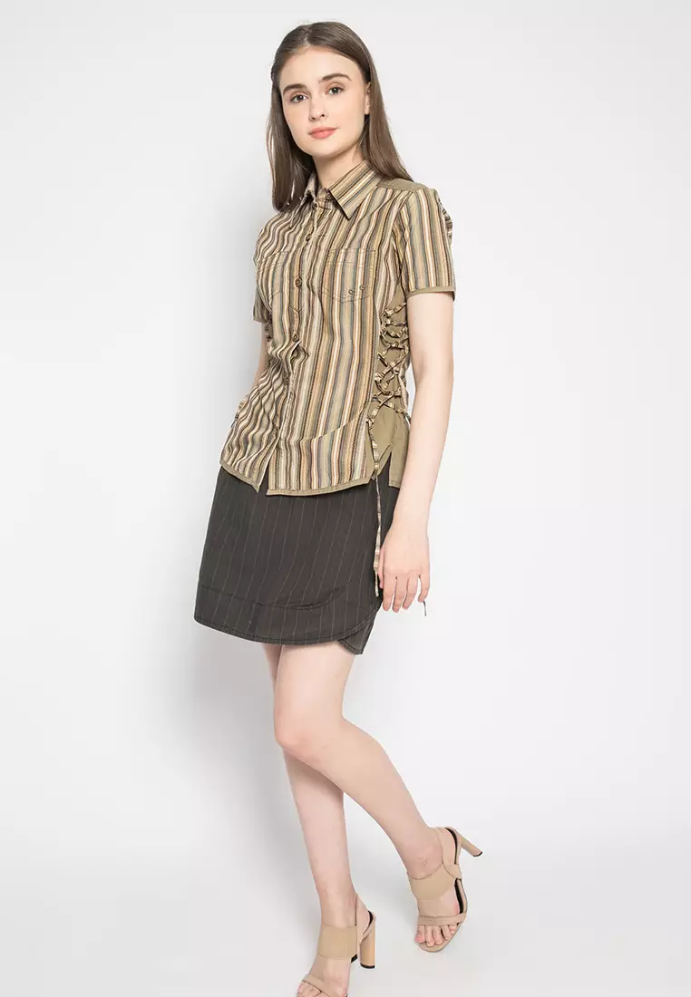 LGS - Kemeja Casual Wanita - Lengan Pendek - Salur - Coklat Kayu - LLSH.380.WD625.073.7C