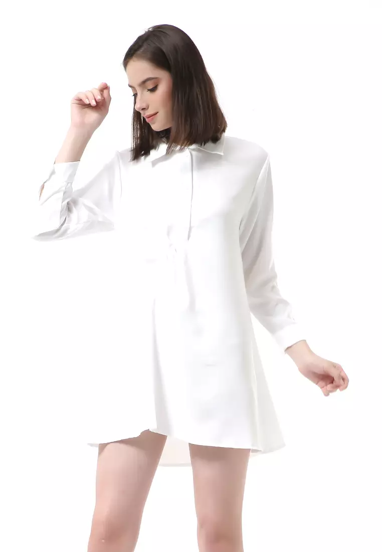 Rachel Mini Dress Wanita Model Kancing Palin Motive lengan Panjang Material Moscrepe ORIGINAL - White