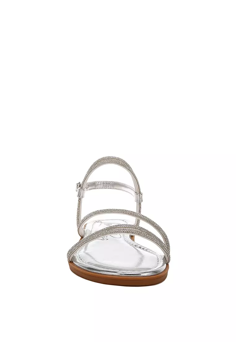 Rhinestone Strappy Flat Sandals in Silver