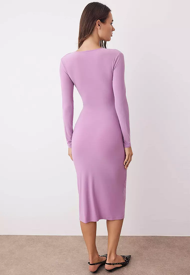 Fitted V-Neck Ruched Midi Dress