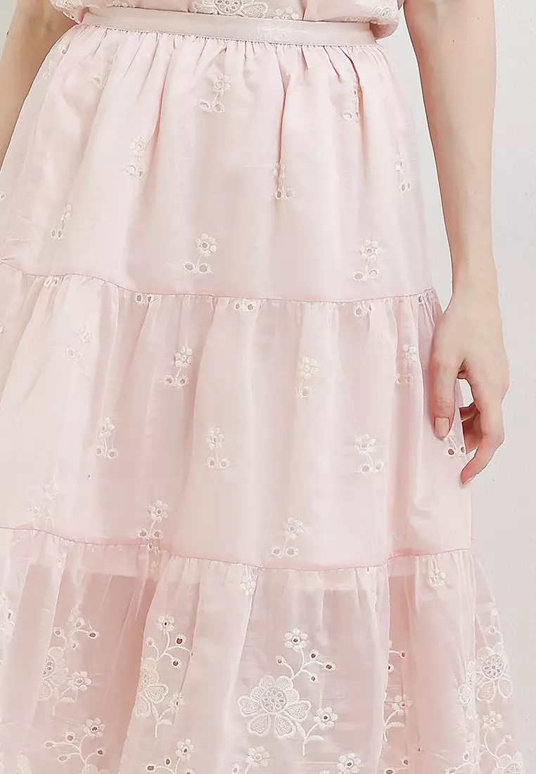 3 Tiers Flo Emb Cotton Skirt W/ Scallop Hem