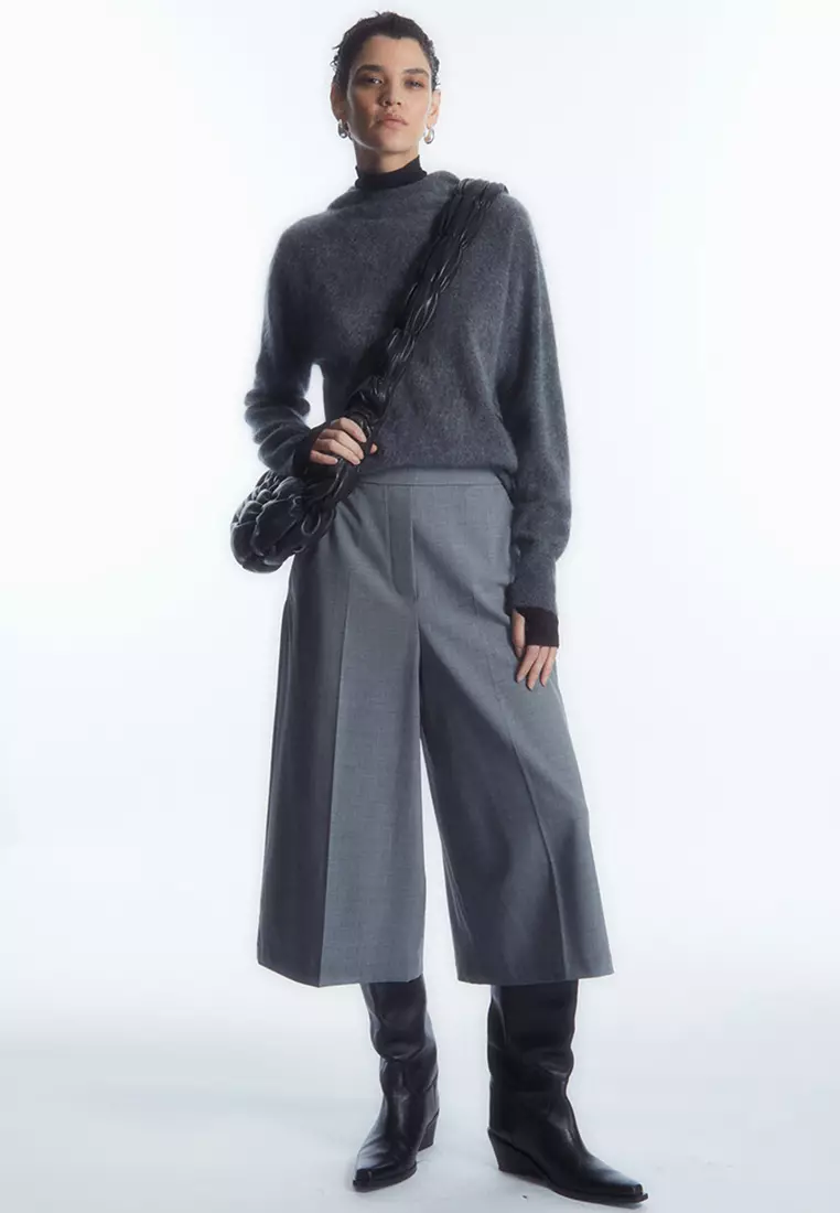 Wide Leg Wool Blend Cropped Trousers