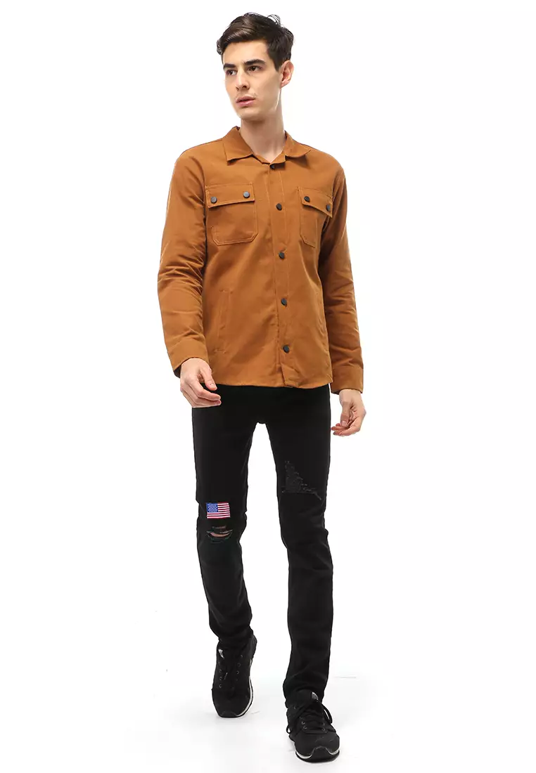 Clover Outerwear Jacket Pria Simple Design Material Canvas Suede ORIGINAL - Caramel