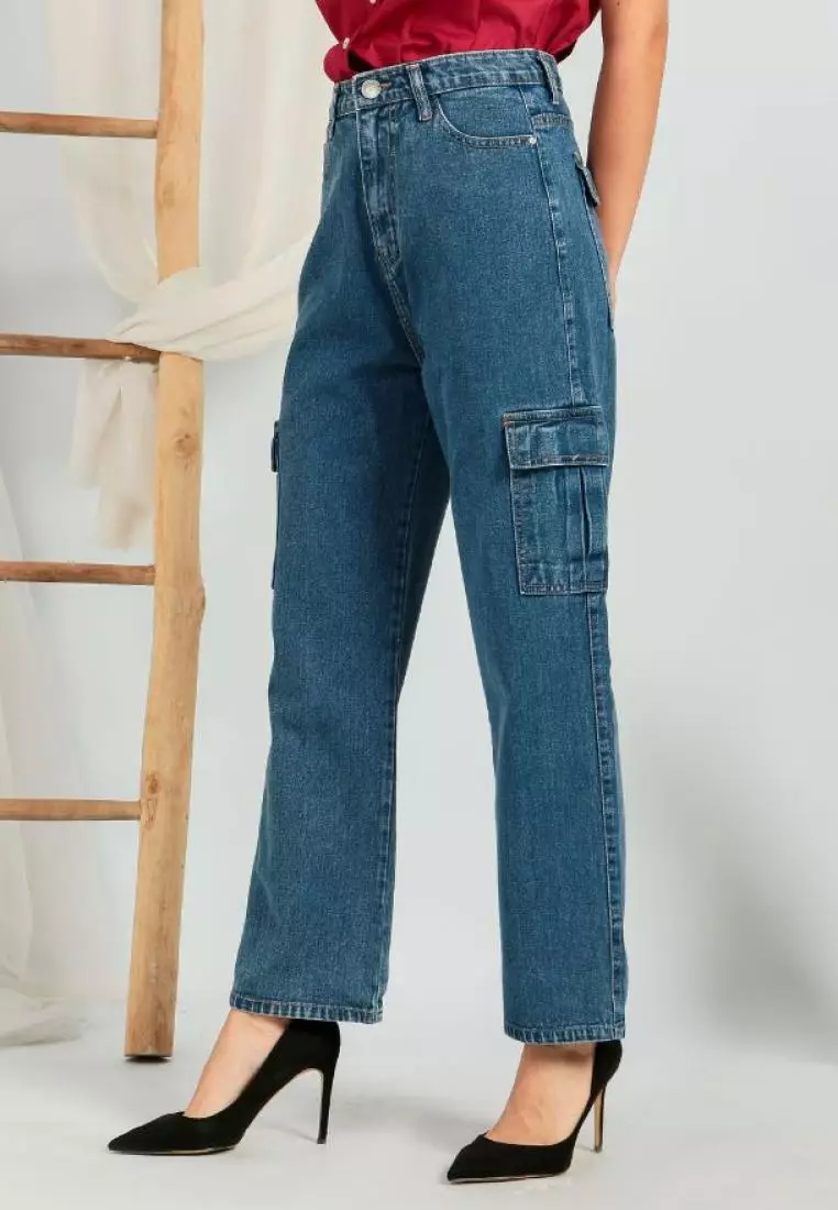Gwen Cargo Jeans Highwaist in Blue