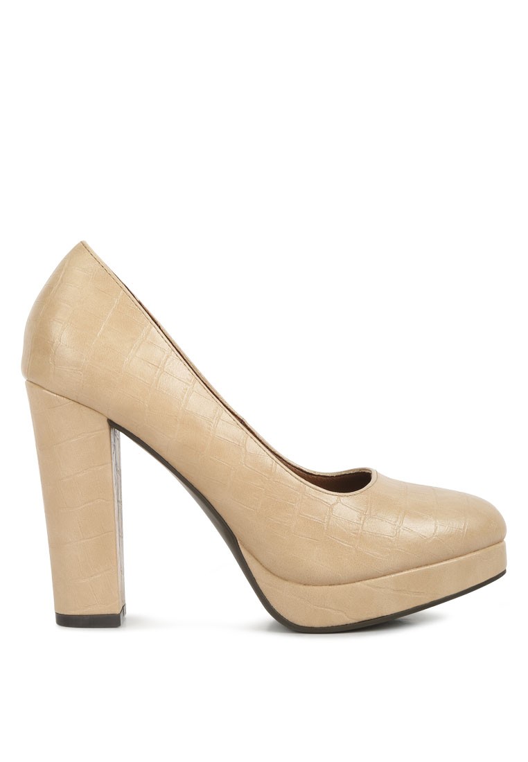 Beige Croc Texture High Block Heel Pumps