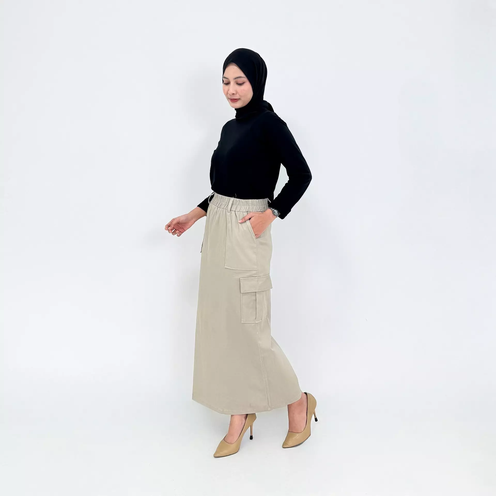 Rok Panjang Cargo Twill Keisha - KREM