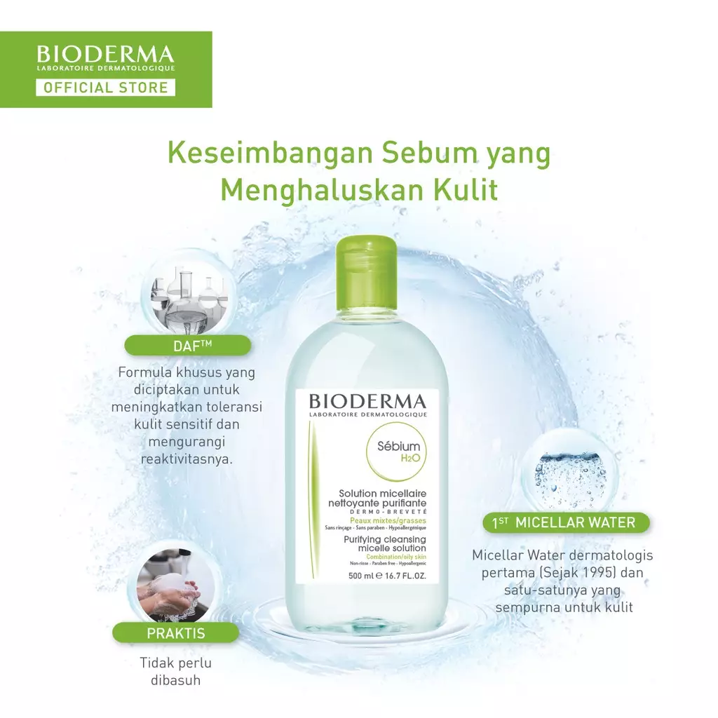 Bioderma Sebium H2O 500 ml - Micellar Water untuk Kulit Kombinasi / Berminyak / Berjerawat