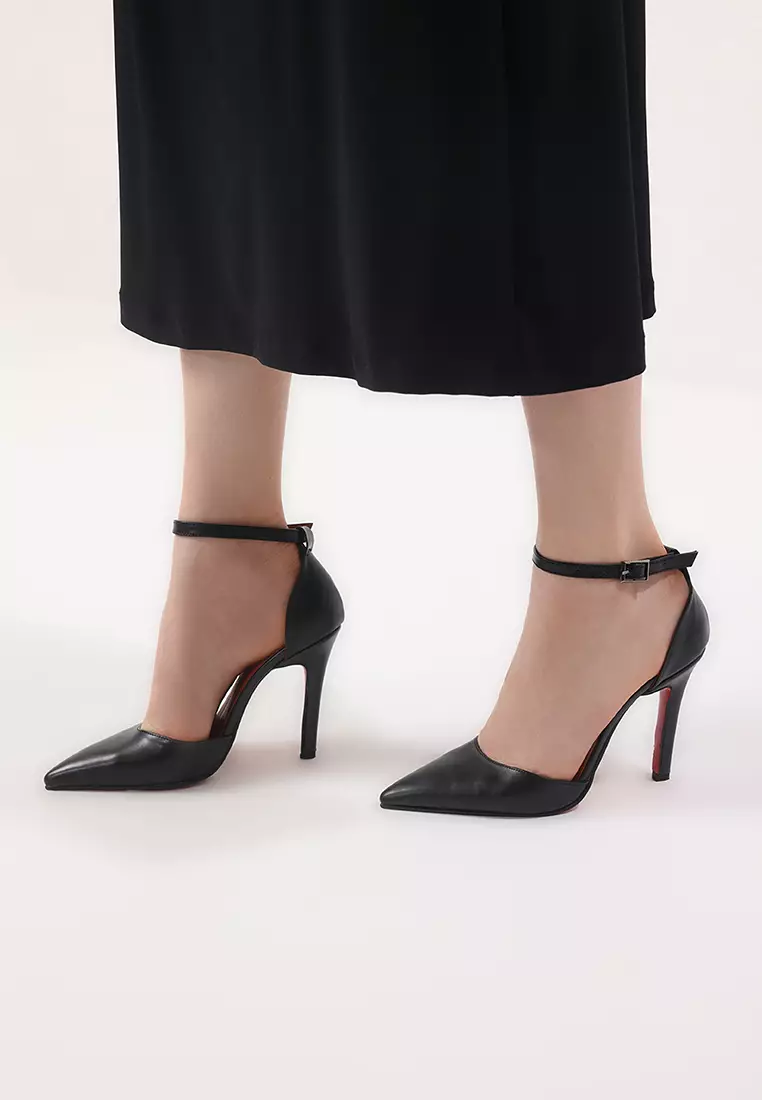 Black Ankle Strap Pointed Toe Women Stiletto Thin Heels Shoes Takss25To00089