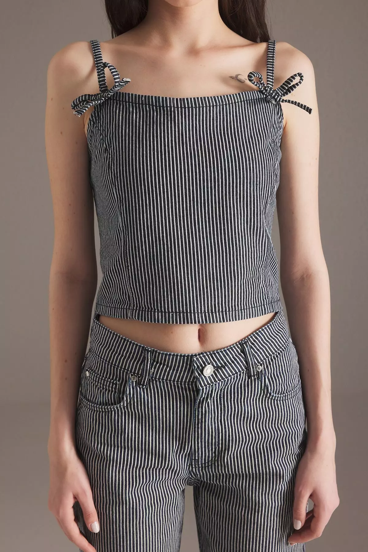Dark Blue Striped Ribbon/Bow Detailed Thin Strap Denim Blouse Twoss25Bz00480