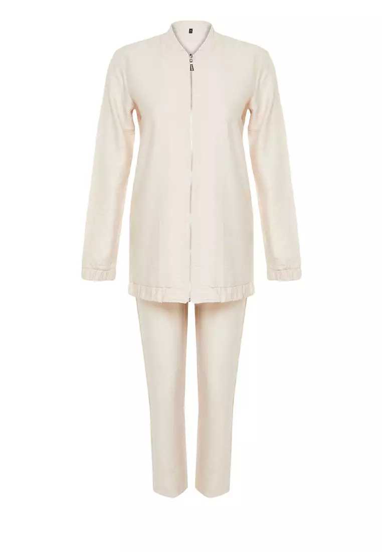 Beige Linen Look Tunic-Pants Woven Bottom Top Set TCTSS24US00016