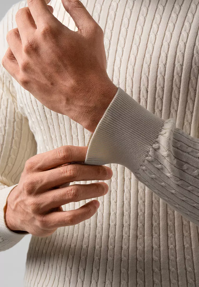 Mens Cable Knit Cotton Sweater Off White LS