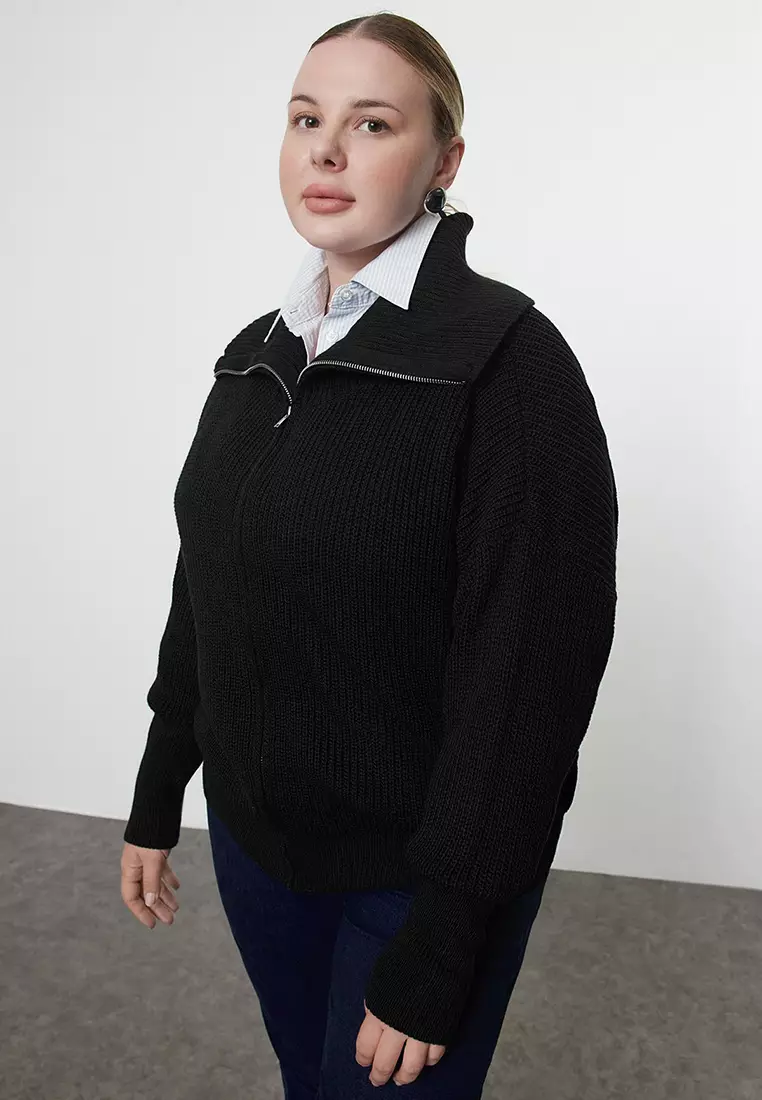 Black Turn-Down Collar Zippered Crop Knitwear Cardigan Tbbaw25Av00009
