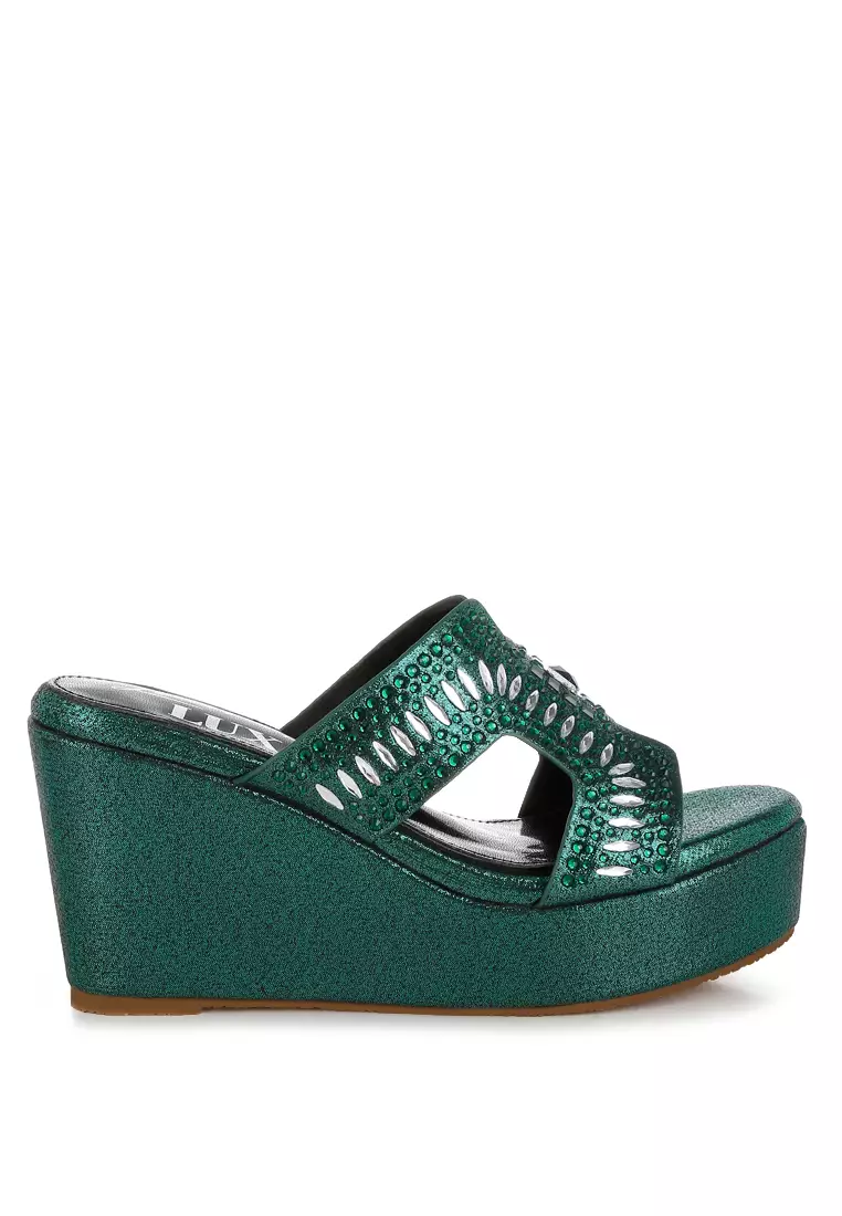 Diamante & Rhinestone Detail Cut-Out Sandals in Green
