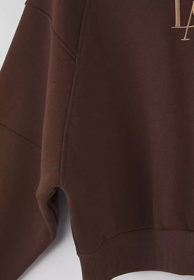 Brown Crew Neck Regular Fit Embroidered Thick Polar Fleece Knitted Sweatshirt Twoaw24Sw00199