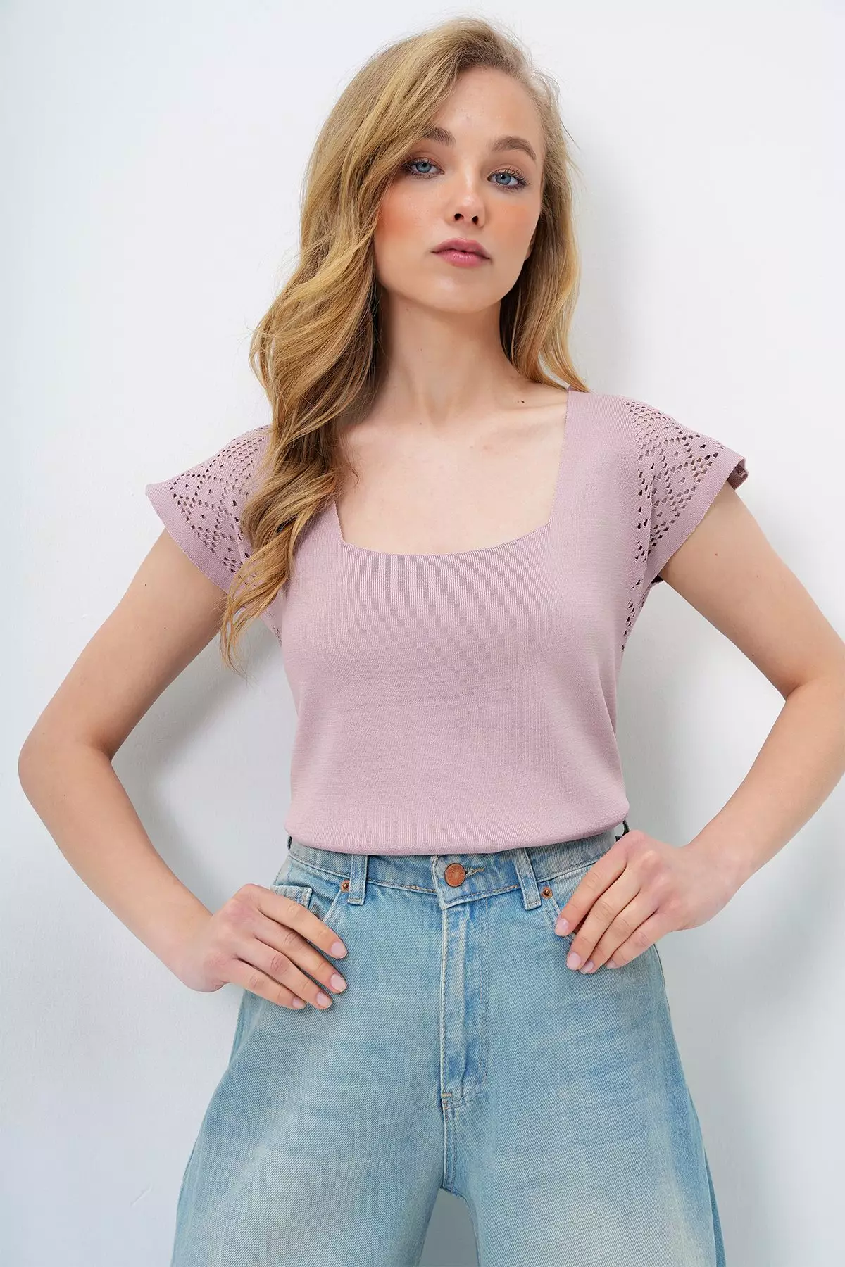 Women's Powder Square Neck Openwork Summer Knitwear Blouse