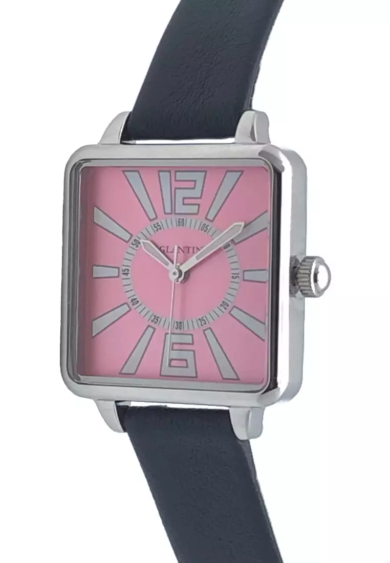 La Parisienne Steel Quartz Watch, Pink Dial on Black leather Strap