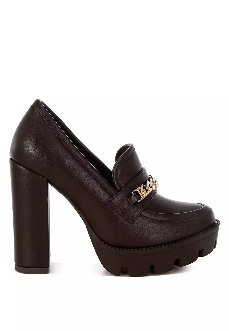 Brown Chunky High Block Heeled Loafers