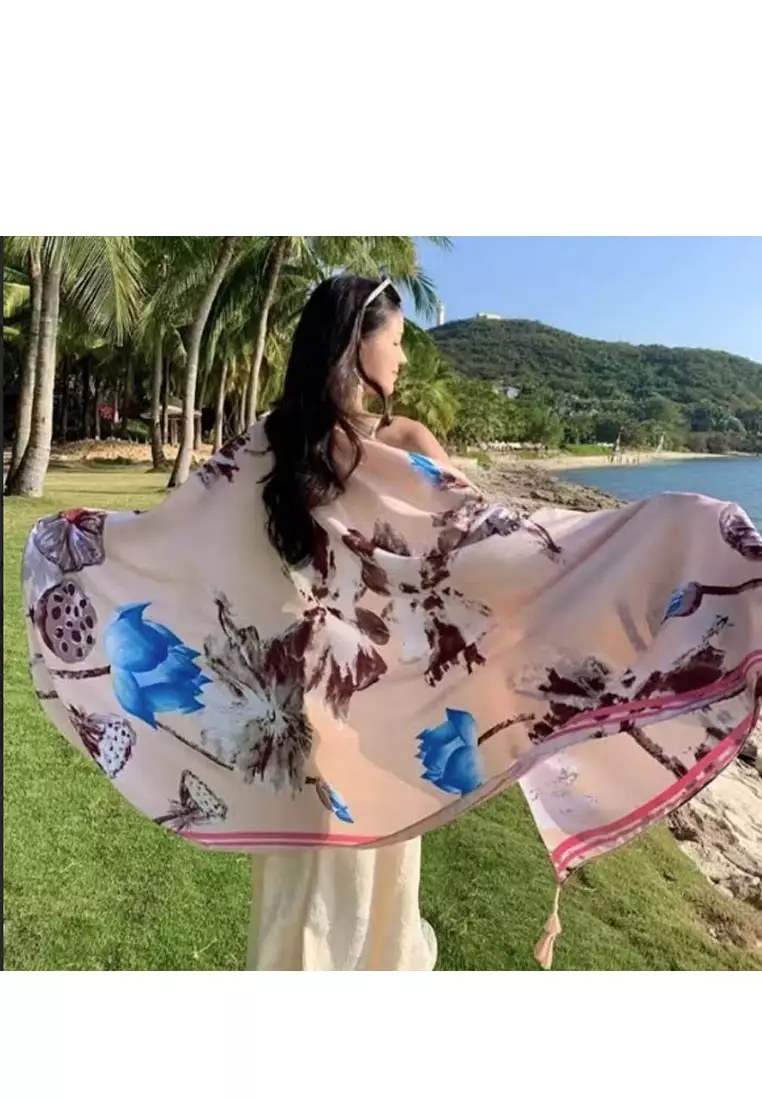 Aksesoris Wanita Lotus Beauty Style Pattern Tassels Viscose Shawl Syal Wanita Peachy Pink & Multi