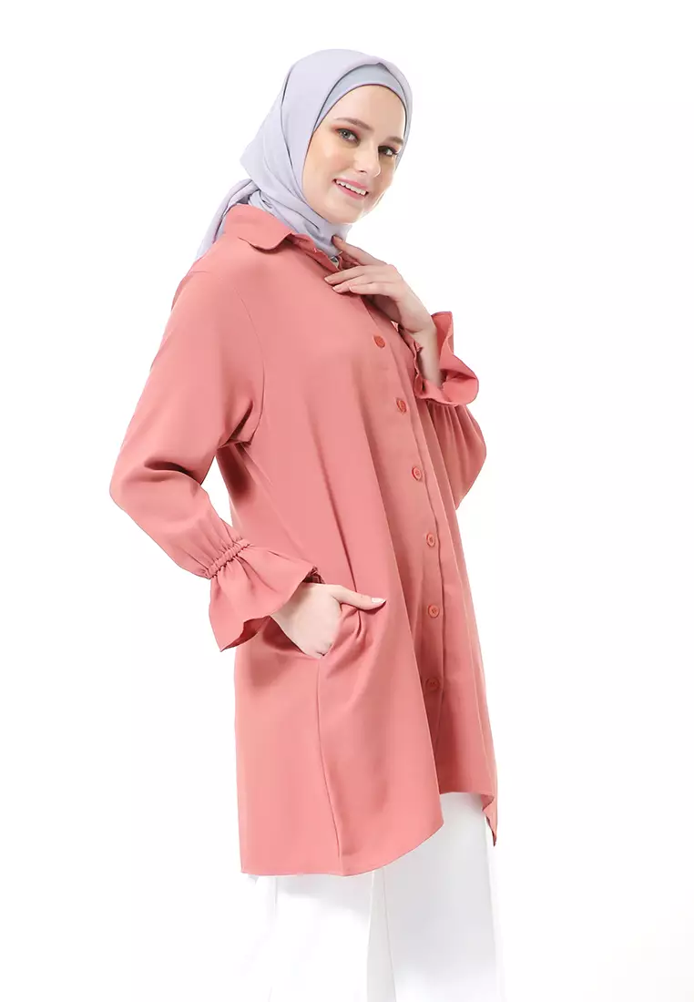 Aleina Blouse Muslimah Atasan Wanita Long Sleeve Premium High Quality - Salmon