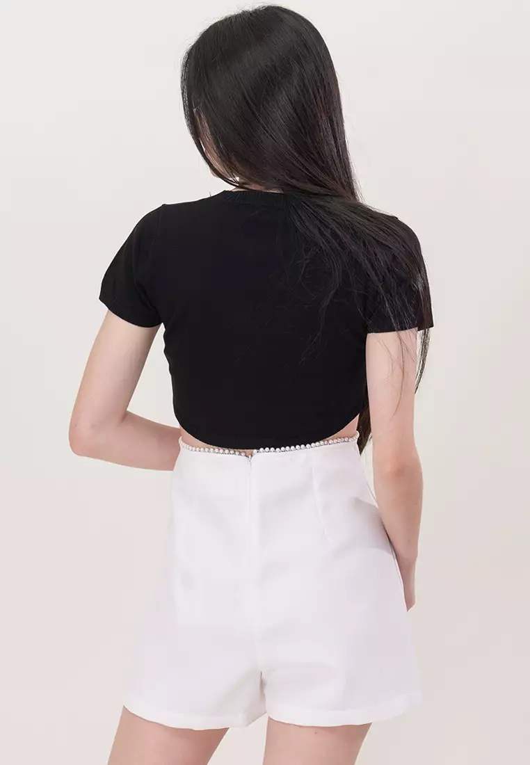 小香风珍珠中腰短裤