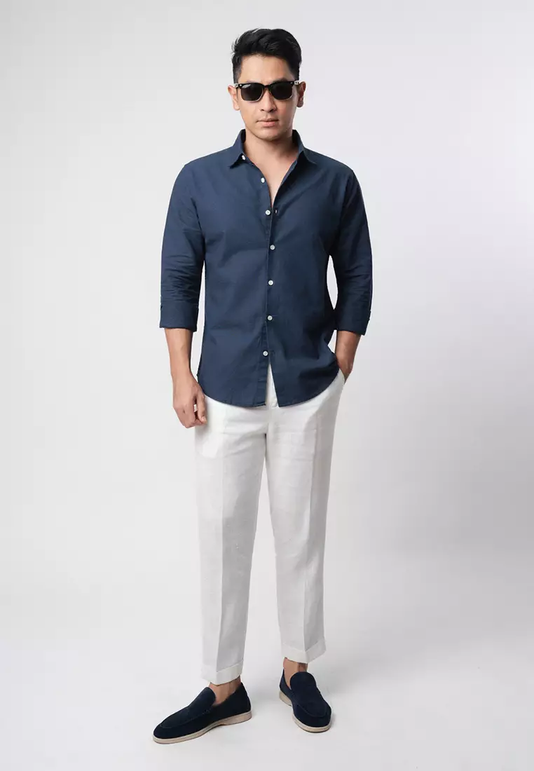 Linen Blend Slim Fit Shirt - Navy LS