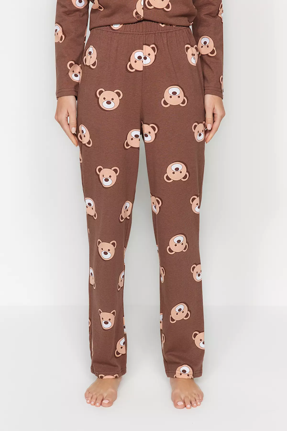 Brown 100% Cotton Teddy Bear Patterned Shirt-Pants Knitted Pajama Set Thmaw24Pt00002