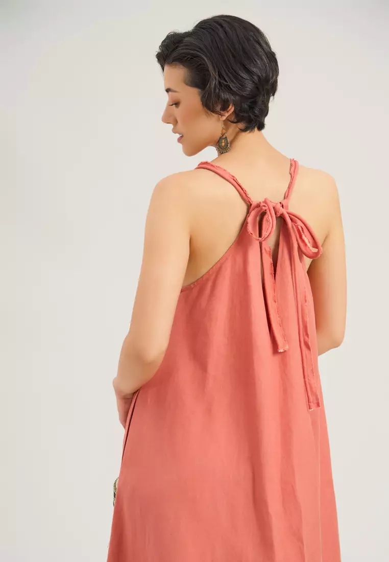 Coral Linen Midi Dress