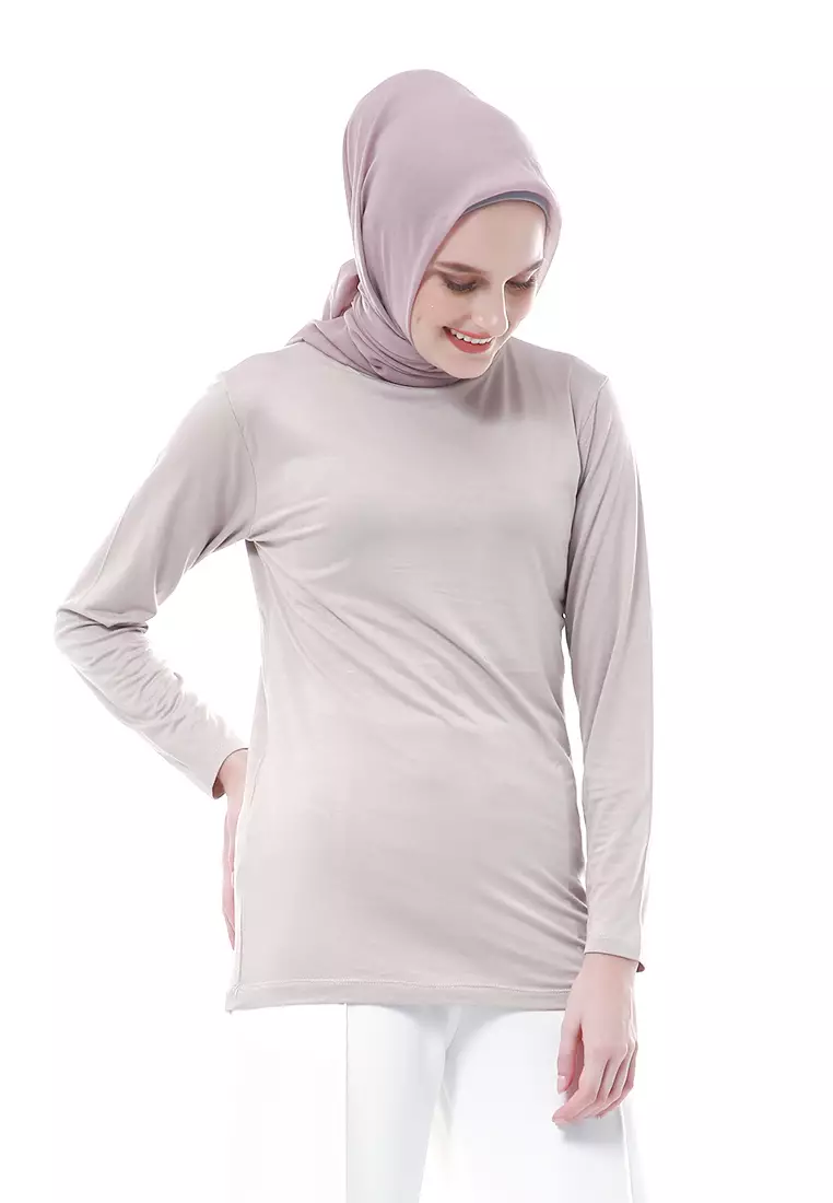 Zlora Manset Atasan Wanita Motif Polos Long Sleeve Reguler Fit - Warm Grey