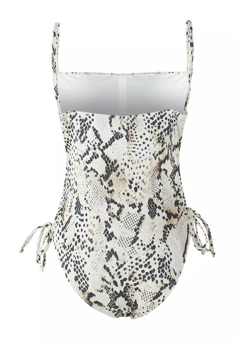 Snake Pattern Square Collar with Gathered Detail Strappy Brazilian Swimsuit TBESS25MA00066