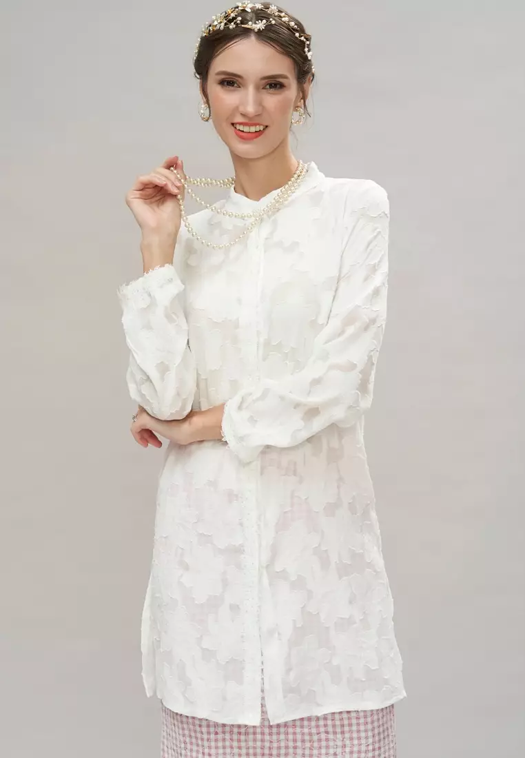 Loveaisyah White Jacquard Burnout Chiffon Lace Trimming High Neck Top