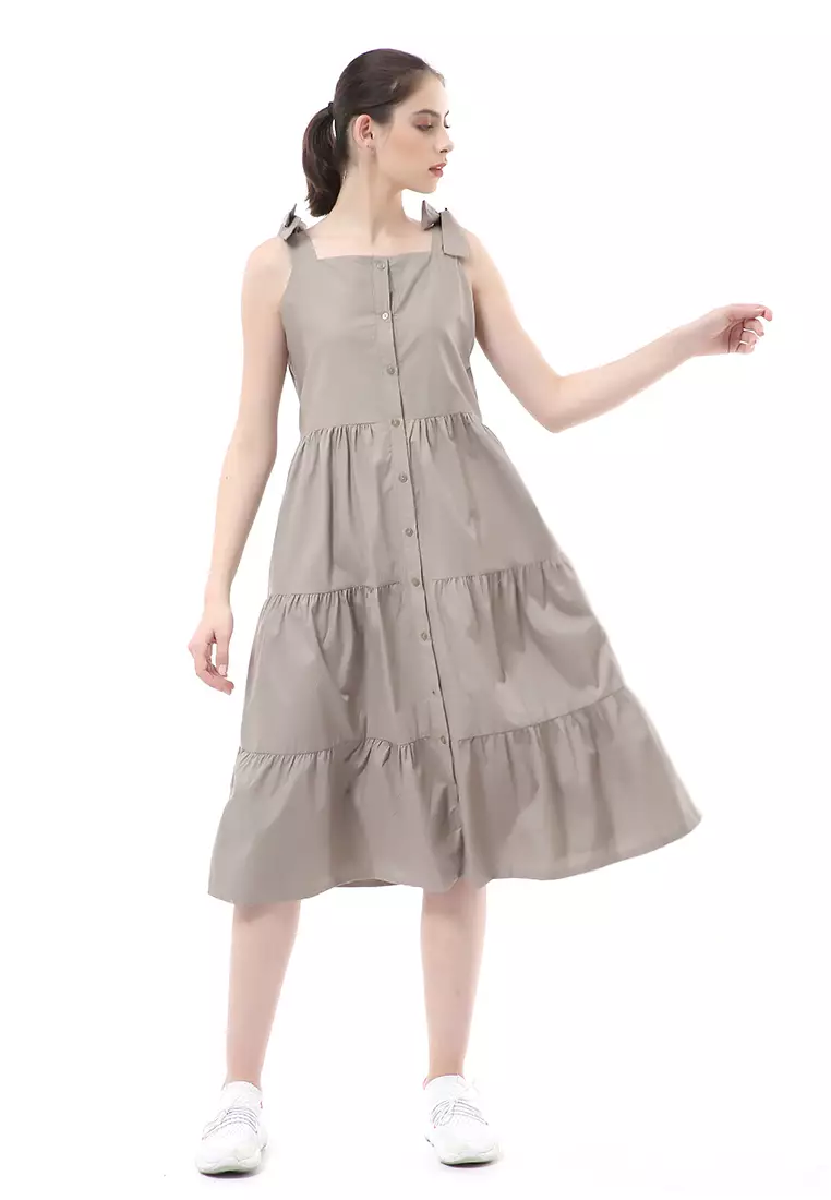 Rachel Dress Ruffle Wanita Tanpa Lengan Full Kancing Stylish Material Cotton ORIGINAL - Brown