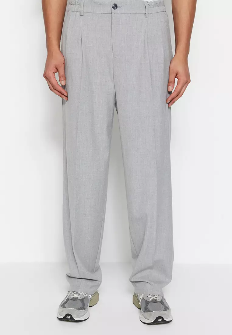 Men's Gray Palazzo Elastic Waist Pleated Pants