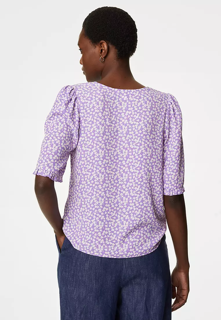 Printed V-Neck Puff Sleeve Blouse