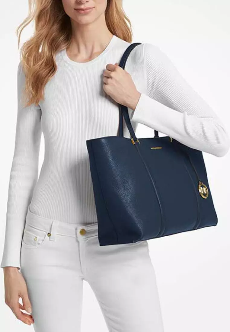 Michael Kors Temple Large Pebbled Leather Tote Bag Navy