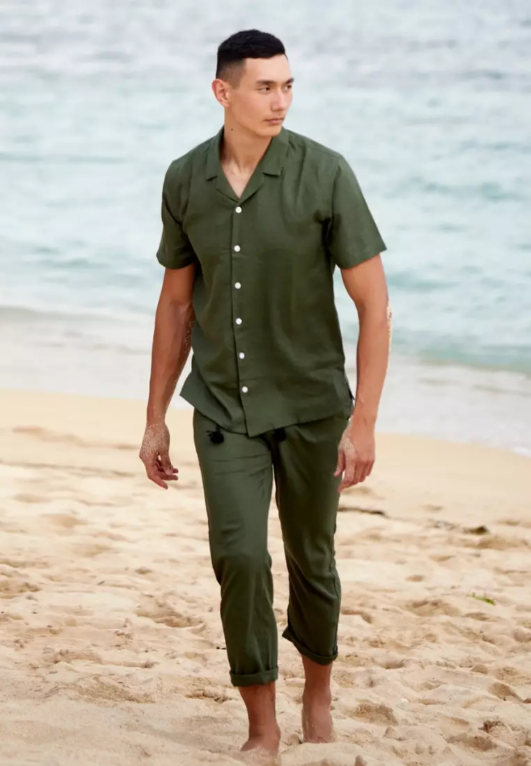 Seaweed Set Kemeja Celana Linen Pria Hijau Tua | Linen Set Men Dark Green