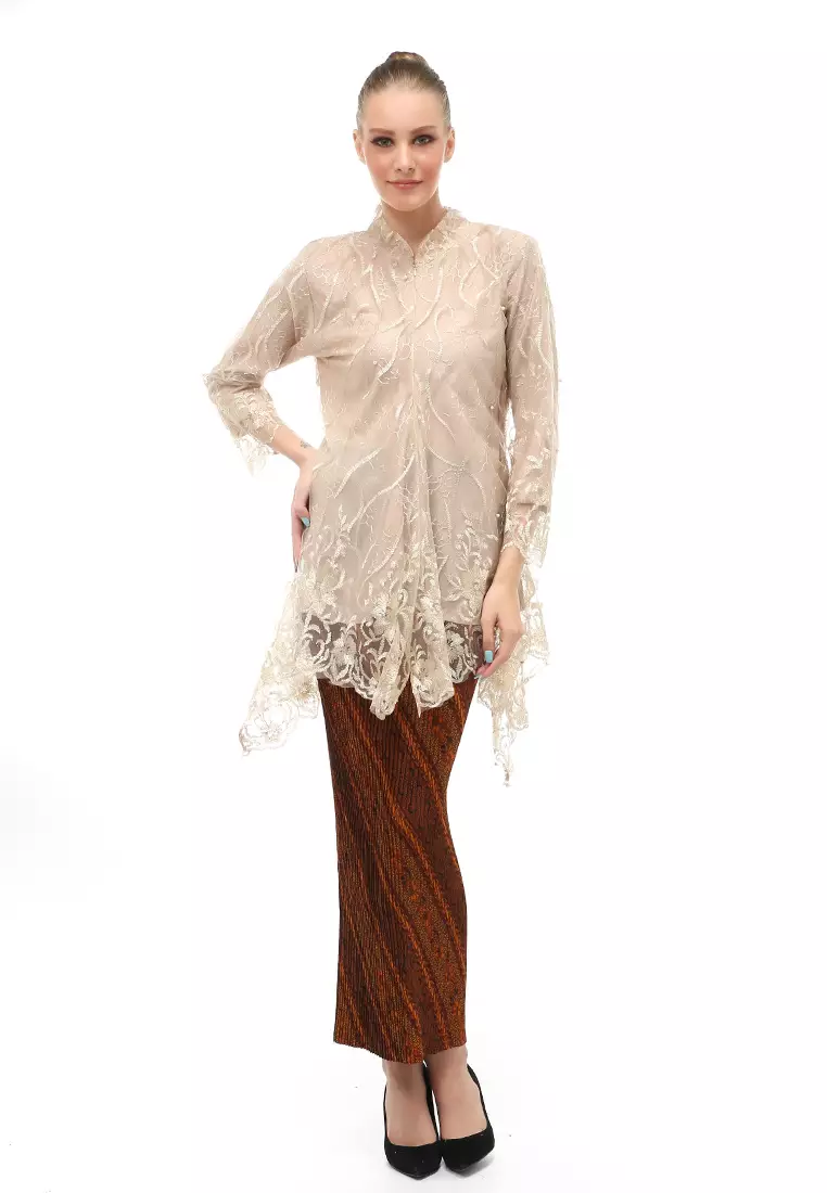 Kebaya Tunik Atasan Wanita Design Tulle Premium Quality - Coklat Susu