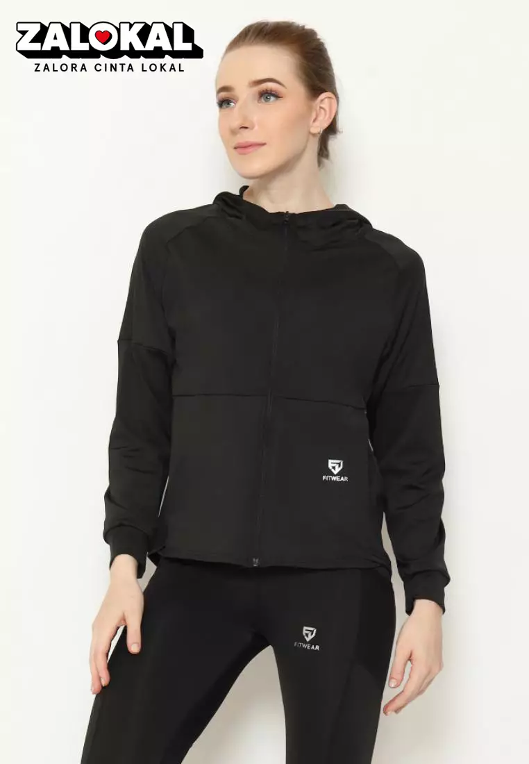 Fitwear - Jaket / Jacket Olahraga Wanita ZEVIA OVERSIZE HOODIE POCKET - BLACK