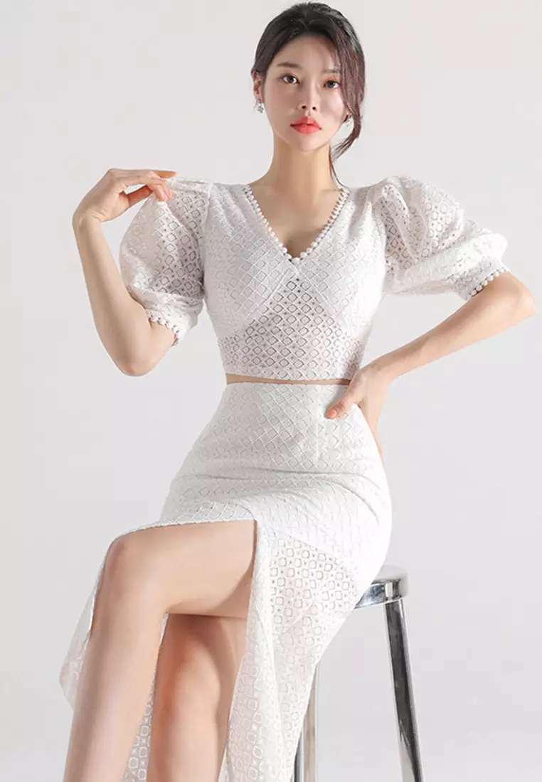 2025夏季新款兩件套蕾絲開叉包臀裙套裝CA081605